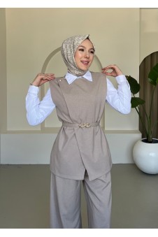 Kemerli Yelekli Astarlı Pantolon Takım Koyu Gri