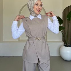 Kemerli Yelekli Astarlı Pantolon Takım Koyu Gri