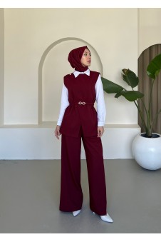 Kemerli Yelekli Astarlı Pantolon Takım Bordo