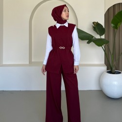 Kemerli Yelekli Astarlı Pantolon Takım Bordo