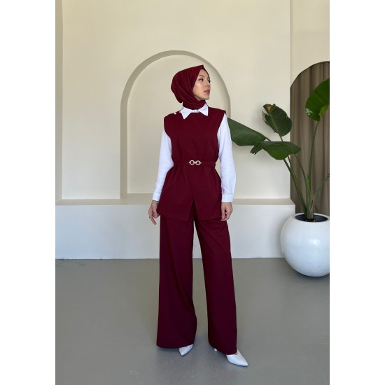 Kemerli Yelekli Astarlı Pantolon Takım Bordo