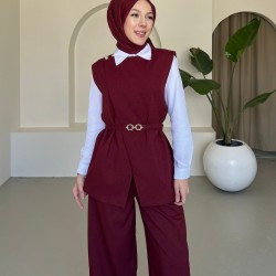 Kemerli Yelekli Astarlı Pantolon Takım Bordo