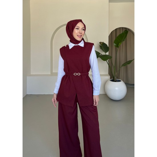 Kemerli Yelekli Astarlı Pantolon Takım Bordo