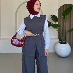 Kemerli Yelekli Astarlı Pantolon Takım Gri