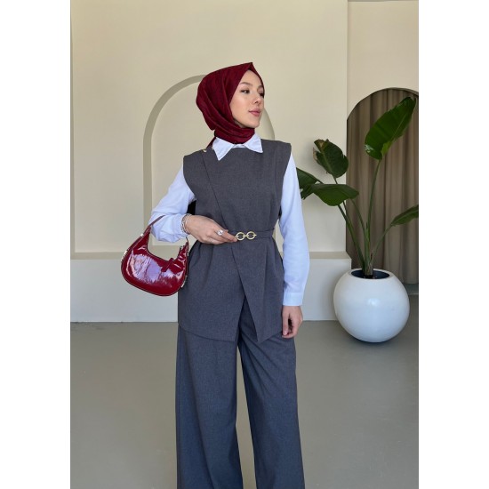 Kemerli Yelekli Astarlı Pantolon Takım Gri