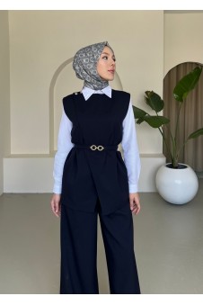 Kemerli Yelekli Astarlı Pantolon Takım Siyah