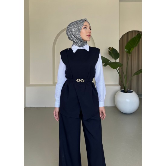 Kemerli Yelekli Astarlı Pantolon Takım Siyah