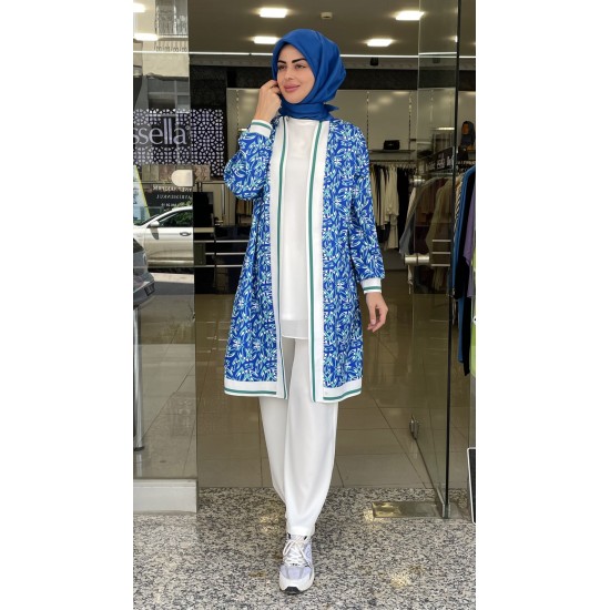 Dijital Baskı Desenli Mavi Çiçekli Kimono