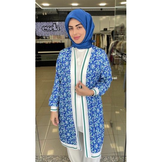Dijital Baskı Desenli Mavi Çiçekli Kimono