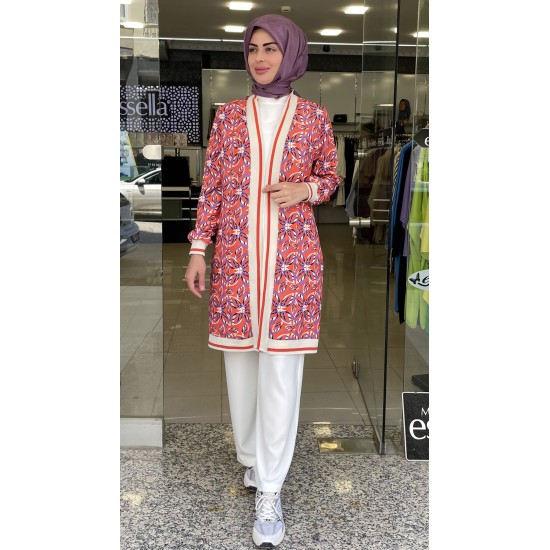 Dijital Baskı Desenli Mor Kırmızı Kimono
