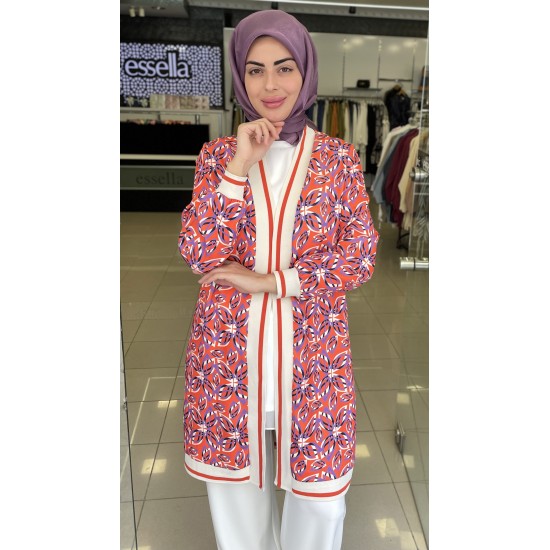 Dijital Baskı Desenli Mor Kırmızı Kimono