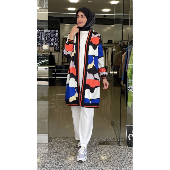 Dijital Baskı Desenli Sax Mavisi Siyah Kimono
