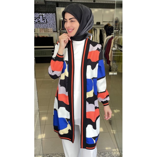 Dijital Baskı Desenli Sax Mavisi Siyah Kimono