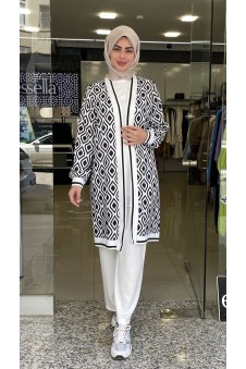 Dijital Baskı Desenli Siyah Beyaz Kimono