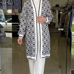 Dijital Baskı Desenli Siyah Beyaz Kimono