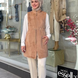 Berelance Dik Yaka Astarlı Yumoş Kürk Yelek  Camel