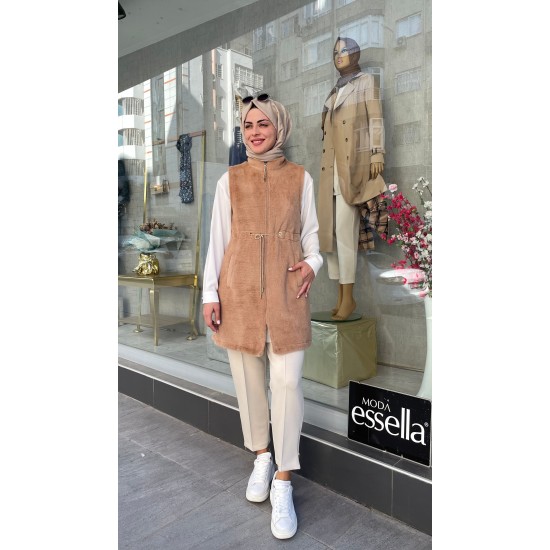 Berelance Dik Yaka Astarlı Yumoş Kürk Yelek  Camel