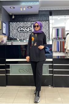 Essella Oysho Kumaş Önü Gizli Fermuarlı Renk Detaylı Siyah Kapüşonlu Takım