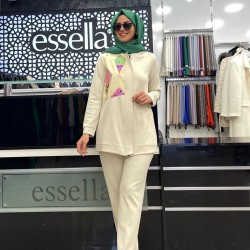 Essella Oysho Kumaş Önü Gizli Fermuarlı Renk Detaylı Bej Kapüşonlu Takım