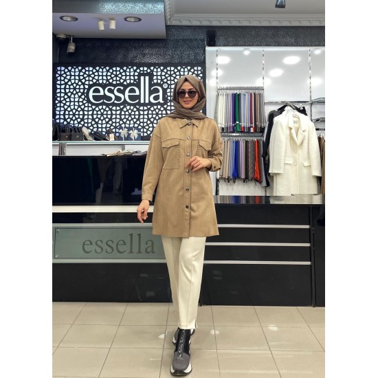 Essella 2K Önü Zımbalı Detaylı Cepli Düğmeli Süet Gömlek Camel