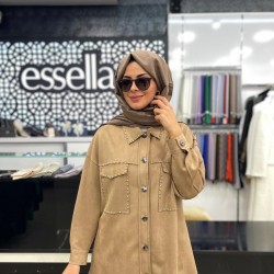 Essella 2K Önü Zımbalı Detaylı Cepli Düğmeli Süet Gömlek Camel