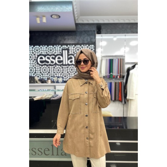 Essella 2K Önü Zımbalı Detaylı Cepli Düğmeli Süet Gömlek Camel