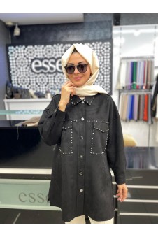 Essella 2K Önü Zımbalı Detaylı Cepli Düğmeli Süet Gömlek Siyah