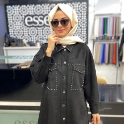 Essella 2K Önü Zımbalı Detaylı Cepli Düğmeli Süet Gömlek Siyah