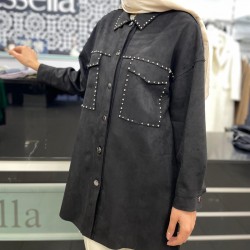 Essella 2K Önü Zımbalı Detaylı Cepli Düğmeli Süet Gömlek Siyah