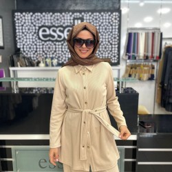 Essella Zımbalı Kemer Detaylı Fitilli Kumaş İkili Takım Krem