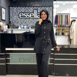 Essella Zımbalı Kemer Detaylı Fitilli Kumaş İkili Takım Siyah