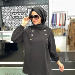 Essella Düğme Detaylı, Yakası Ribanalı İki İplik  Siyah Penye Kumaş